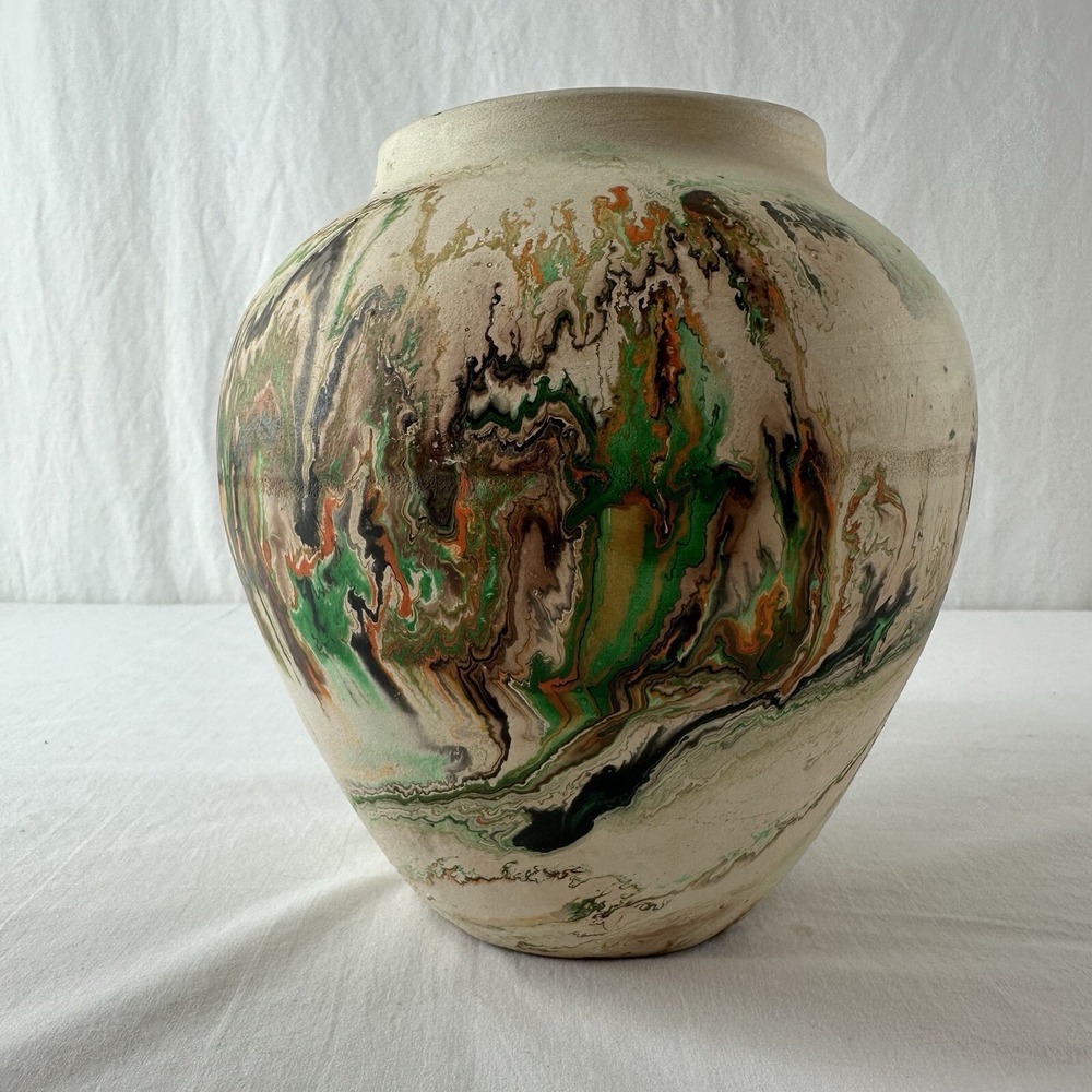 vintage marbled clay nemadji pottery turned decorative bowl vase Swirl Green Tan